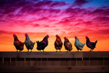 Fototapeta Nowy Jork - Group of chickens roosting on a wooden fence at sunset. Generative AI