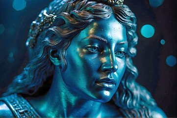 Stone Statue of a Greek Goddess with Realistic Eyes Bathed in Cinematic Dark Blue Lighting