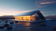 A Sleek, Minimalist Smart Home Glowing Softly Against The Twilight Sky, Its Solar Panels Glistening With Stored Energy.