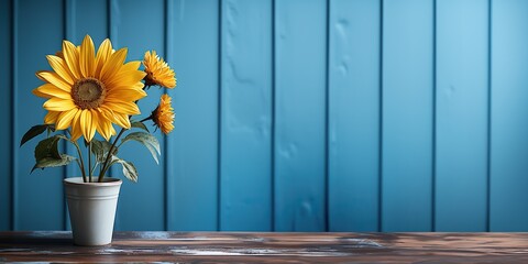 Sunflowers in flowerpot on wooden table with copy space for text mockup Generative AI