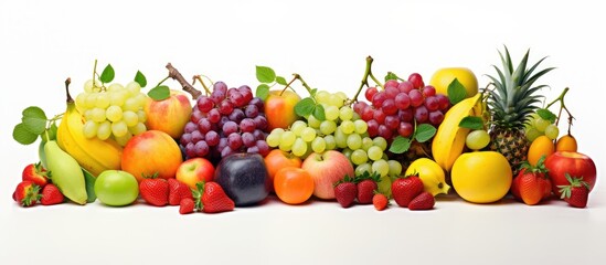 Wall Mural - A variety of unblemished and pristine fruits, including apples, oranges, bananas, and grapes, are displayed against a clean white background. The fruits are arranged in a colorful and appetizing