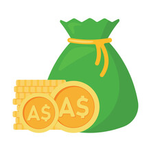 Green Money Bag With Australian Dollar Coins Icon Business And Finance Vector Illustration Isolated On White Background