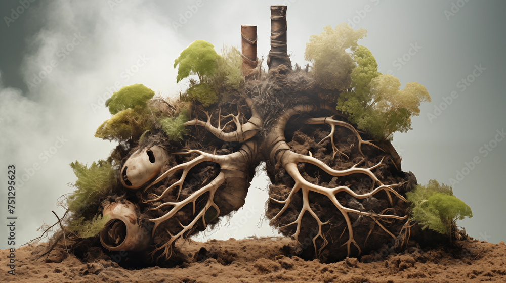 Deforestation of human lungs. Environmental consequences. Forest in a ...