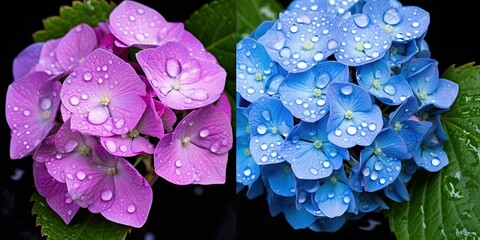 Canvas Print - Blue Hydrangea (Hydrangea macrophylla) or Hortensia flower with dew in slight color variations ranging from blue to purple. Focus on middle right flowers.