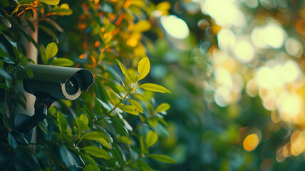 A CCTV security camera in front garden, capturing a vigilant watch over its surroundings, symbolizing surveillance and security measures