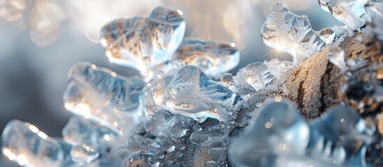 Canvas Print - A detailed view of numerous intricate ice crystals clustered on a tree branch, showcasing their unique formations and textures up close.