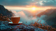 Sunrise coffee on a mountain vista realistic steam and rich colors