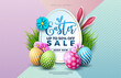 Easter Sale Illustration with Color Painted Egg, Spring Flower and Rabbit Ears on Abstract Colorful Background. Vector Holiday Celebration Design Template for Coupon, Banner, Voucher or Promotional