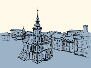 Wall Mural - Vector drawing. Medieval cathedral in the center of the city square