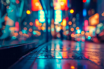 A blurred view of bustling city street at night, with lights from buildings and cars creating a dynamic scene