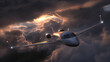 Luxury Private Jet Flying in the sky with dramatic storm clouds at sunset