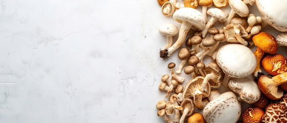variety of fresh natural mushrooms top view, with empty copy space