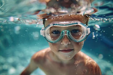 cute kid swims and dives underwater in the pool. active healthy lifestyle, water sports and swimming