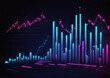 Blue and cyan neon bars chart business growth and development and financial data analysis, Stock market or forex trading graph. Generative AI