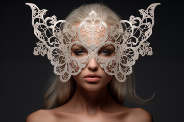 Elegant woman in a decorative white mask with intricate designs on a dark background