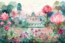 Mughal garden with flowers, plants, tree, palace illustration generative ai