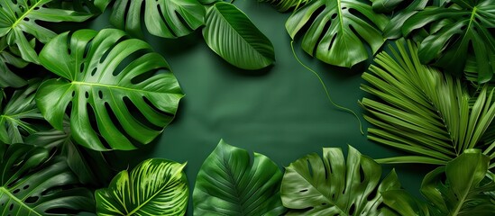 Sticker - A group of vibrant green leaves are neatly arranged on a smooth green surface, creating a visually appealing and natural composition. The leaves are spread out evenly, showcasing their unique shapes