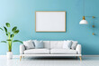  A wide rectangle shape photo frame with empty white fill mockup in blue home wall with interiors