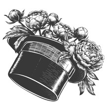 Engraving Of Flowers In Hat Cylinder. Hand Drawn Peony In Gentlemen's Top Hat. Black And White Sketch Vector Illustration Isolated On White. Print Design T-shirt Apparel Flower Shop, Flower Delivery 