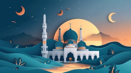 Mosque Silhouette in Detailed Paper Cut Artwork Background