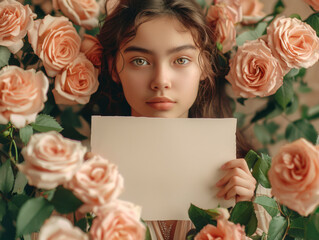 Wall Mural - Portrait of a beautiful young woman holding a white sheet of paper, roses background 