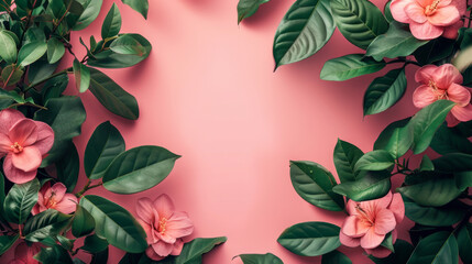 Wall Mural - Flowers composition. Frame made of pink flowers and green leaves on pink background. Flat lay, top view, copy space