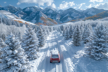 Wall Mural - A wintry road cuts through a snowy forest landscape, with trees adorned in frost and snow.