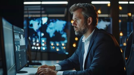 Wall Mural - A businessman is explaining to a male colleague on a computer on his desk in the office, wearing suit and white shirt, modern office