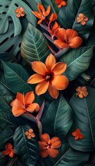 Wall Mural - floral background with tropical leaves and orange hibiscus flowers