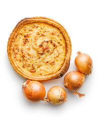 Poster - Traditional french pie. Quiche lorraine isolated on white background.