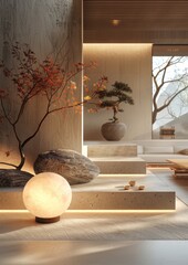 Sticker - Interior of modern living room with wooden walls, wooden floor, concrete staircase and a lamp sits. 3d rendering