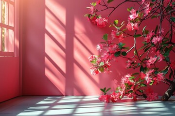 Canvas Print - Pink sakura flowers on pink wall with sunlight. Spring background.