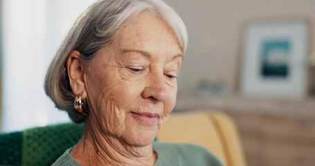 Poster - Face, memory or nostalgia with elderly woman on sofa of living room in home to relax for retirement. Peace, thinking or wellness with senior person closeup in apartment for break, rest or time off