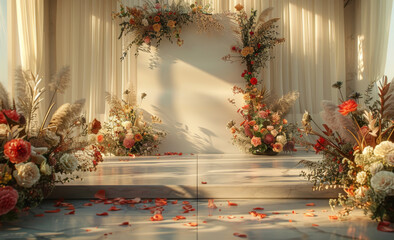 Wall Mural - a welcome sign on a wedding mockup .Beautiful wedding arch decorated with flowers and ribbons. Wedding decorations