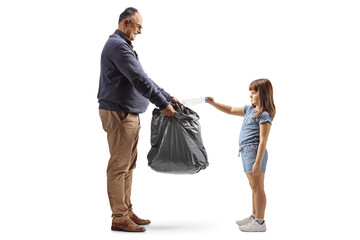 Sticker - Mature man holding a plastic bag and girl throwing a bottle isolated on white background