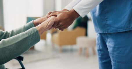 Wall Mural - Nurse, senior patient and holding hands in closeup for support, help and recovery in retirement. Physiotherapist, care and elderly person with disability in wheelchair at clinic for rehabilitation