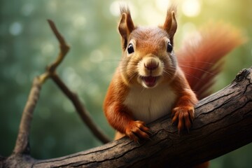 Wall Mural - Curious squirrel branch nut. Tree animal. Generate Ai