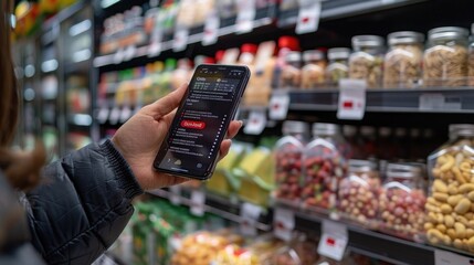 hand holding a smartphone scanning a QR code on a food product packaging. The screen displays a list of ingredients with allergens highlighted in red.