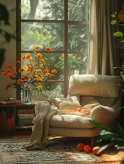 Poster - Living room interior with cozy armchair and flowers on the windowsill