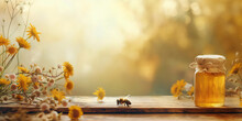 Honey Bee And Organic Honey Production. Bright Yellow Background With Apiary, Bees And Honey Jar.