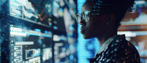 Wall Mural - a tech professional deeply focuses on futuristic data analytics amidst a neon-lit server room.