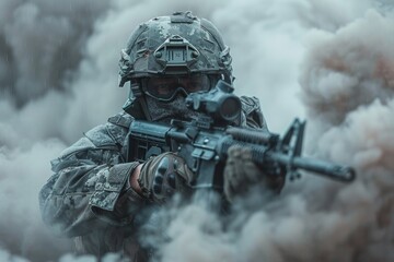 A special forces soldier dressed in camouflage and tactical equipment, wearing a helmet and night vision goggles, holds a machine gun in his hands, stands ready