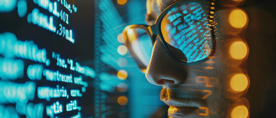 Wall Mural - man's reflection on digital screen, symbolizing data analysis and tech innovation.