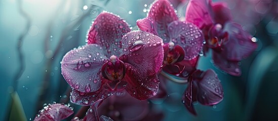 Wall Mural - A cluster of purple orchid flowers with glistening water droplets on the petals, showcasing the natural beauty of these vibrant blooms.