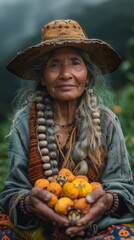 Canvas Print - elderly mexican woman with basket in traditional dress