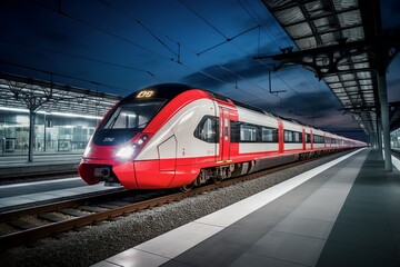 High-speed fast train passenger locomotive in motion at the railway station