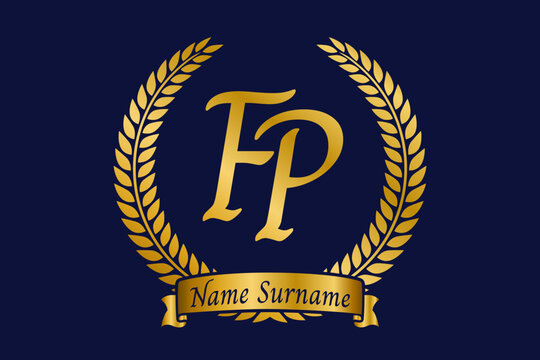 Initial letter F and P, FP monogram logo design with laurel wreath. Luxury golden calligraphy font.