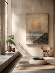 Wall Mural - Minimalist interior design with beige walls, wooden floor, round wooden coffee table and abstract painting. 3d render