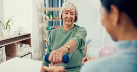 Poster - Senior woman, physiotherapy and dumbbell for exercise, support and stretching arm in physical therapy exam. Elderly patient and nurse with workout for shoulder pain, fitness and medical consultation