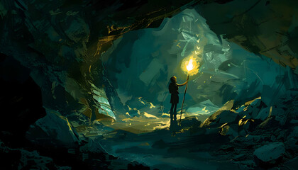 A digital illustration of a female adventurer exploring a mysterious cave holding a torch aloft as Generative AI